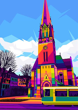 Colorful Church and Tram Pop Art