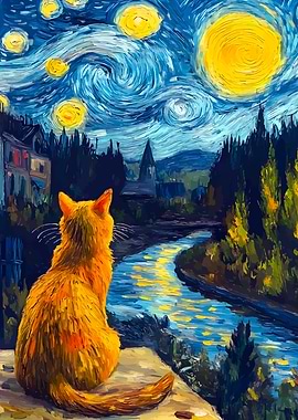 Cat gazing at Starry Night landscape
