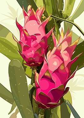 Dragon Fruit Illustration with Green Leaves