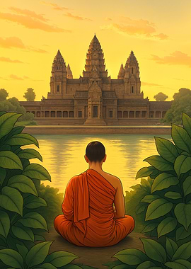 Monk Meditating at Angkor Wat Temple