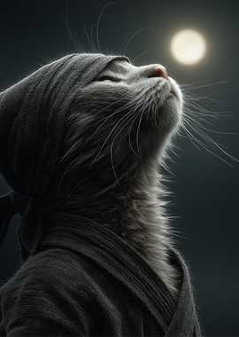 Ninja Cat Gazing at the Moon