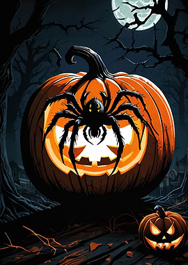 Halloween Pumpkin with Spider and Moon