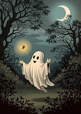 Playful Ghost with Firefly – Vintage Halloween Illustration