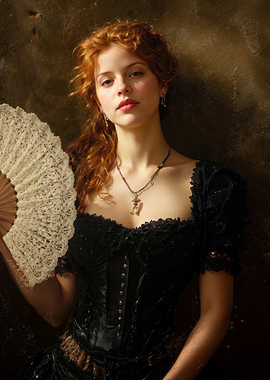 Redhead in Black Dress with Lace Fan