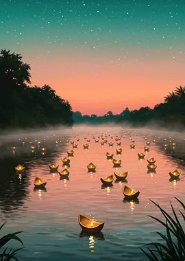 Floating Candle Boats on Misty River
