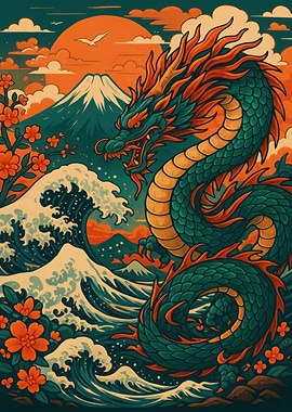 Japanese Dragon with Mount Fuji