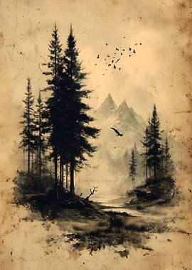 Vintage Forest Landscape with Birds