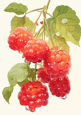 Raspberry Branch Watercolor Illustration