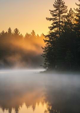 Sunrise Misty Forest Lake