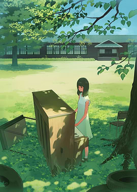 Girl playing piano in a field