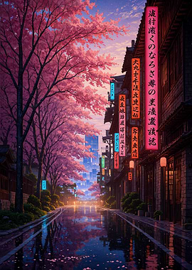 Cherry Blossom Street in Japanese City