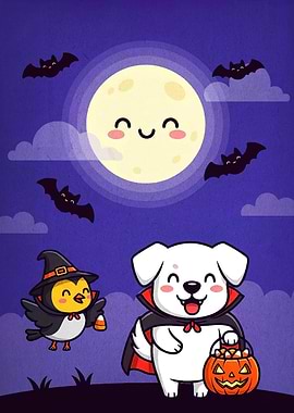 Cute Halloween Cartoon with Dog and Bird