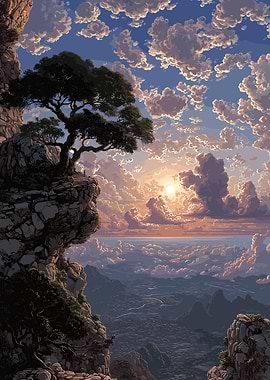 Cliffside Tree Overlooking Mountainous Landscape