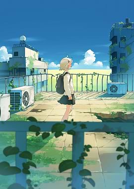 Anime Girl on Rooftop Overlooking City