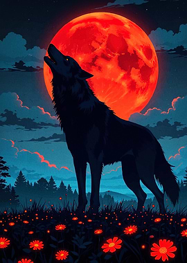 Wolf Howling Red Moon