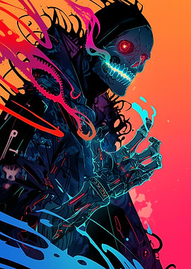 Cyberpunk Skeleton Mage with Neon Flames