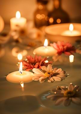 Floating Candles and Flowers in Water