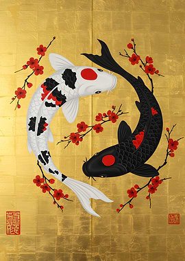 Yin Yang Koi Fish with Cherry Blossoms
