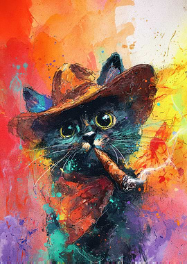 Cat Cowboy Smoking Cigar Colorful Art