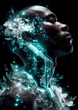 Cybernetic Portrait with Floral Accents