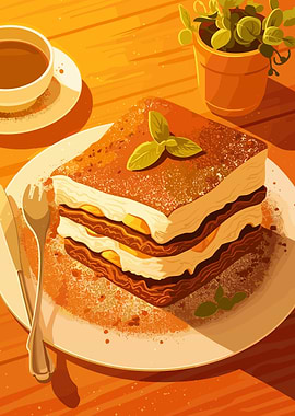 Lasagna with basil and coffee