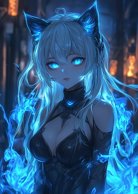 Anime Girl with Cat Ears and Flames