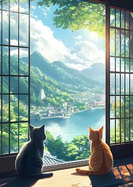 Cats Gazing at Japanese Landscape