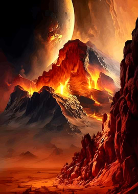 Volcanic Landscape with Planet in Sky