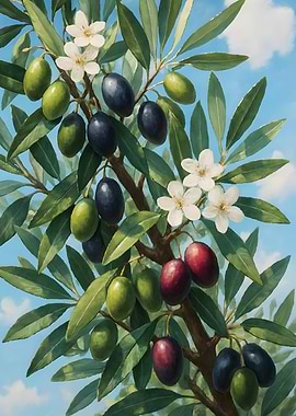 Olive Branch with Blossoms and Fruits