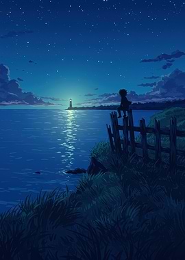 Night Seascape with Lighthouse and Figure