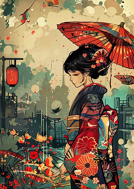 Japanese Woman with Umbrella Digital Art