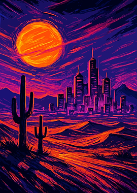 Desert Cityscape with Cacti and Sun