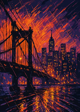 Cityscape with Bridge in Rain