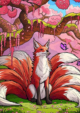 Nine-tailed Fox under Cherry Blossom Tree