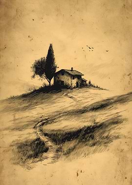 Rural House on a Hill Drawing