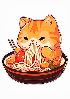 Cute Cat Eating Ramen Illustration
