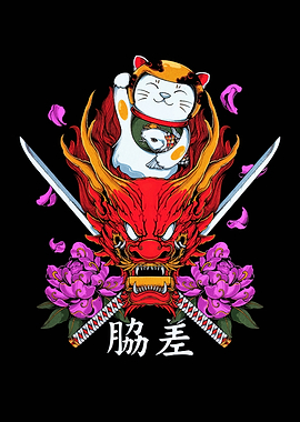 Maneki Neko and Dragon Illustration