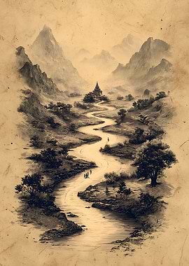 Monochrome Landscape with River and Temple