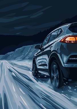 Car on Snowy Road at Night
