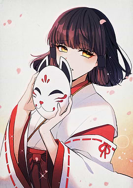 Anime Girl with Kitsune Mask