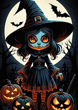Halloween Witch with Pumpkins and Bats