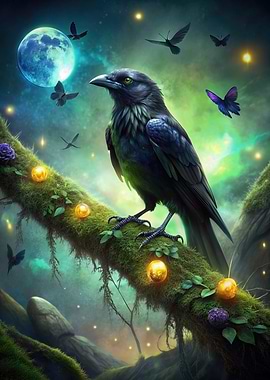 Raven on Mossy Branch with Butterflies