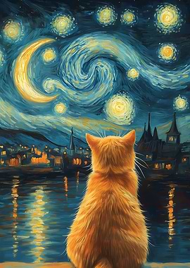 Animal Cat gazing at Starry Night inspired landscape Van Gogh