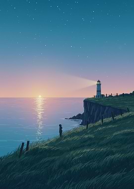 Lighthouse, Ocean, and Person at Sunset