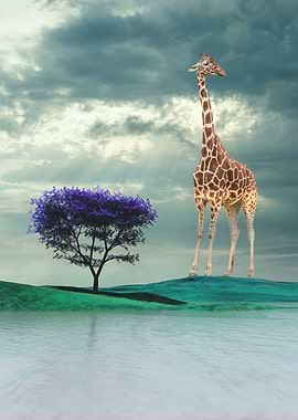 Giraffe and Tree by the Water
