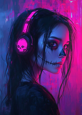 Skull Headphones Girl Portrait