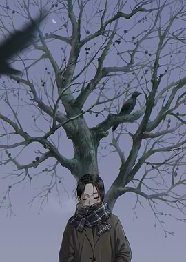 Winter Solitude: Girl, Tree, and Crow