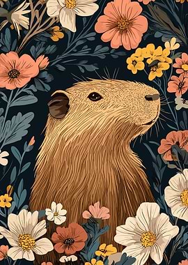 Capybara in Floral Garden Illustration