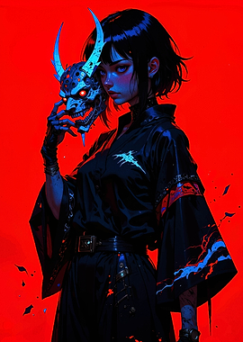 Cyberpunk Girl with Oni Mask