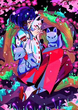 Anime Girl with Fox Mask and Foxes